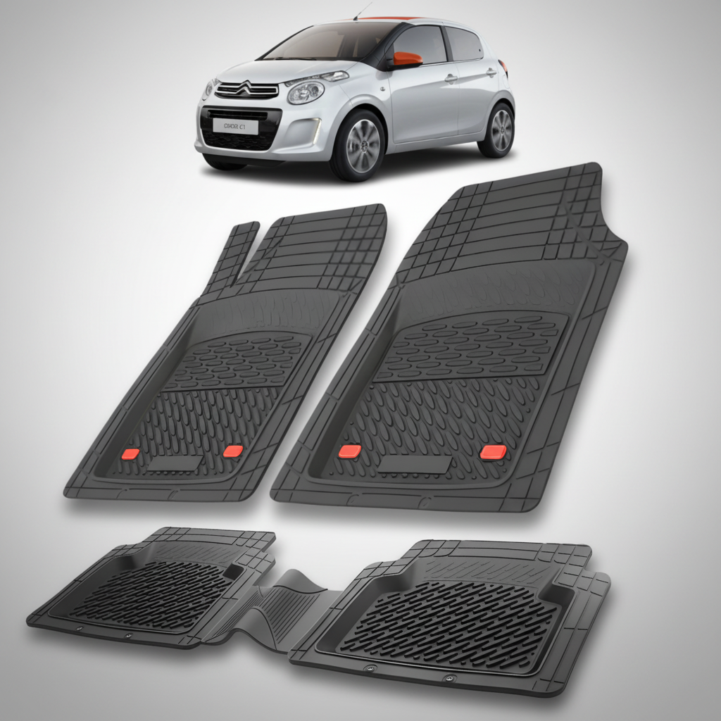 Set of black car floor mats with a small car model above them on a white background