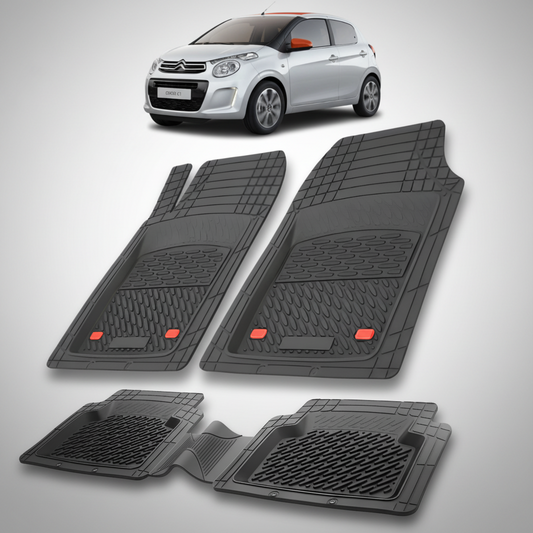 Set of black car floor mats with a small car model above them on a white background