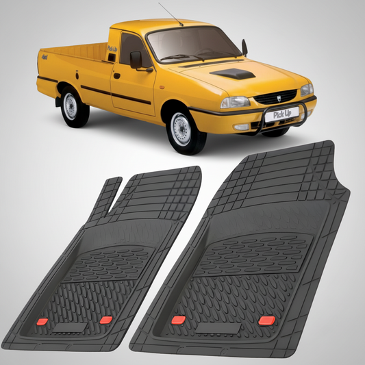 Yellow pickup truck with two black car mats on a white background