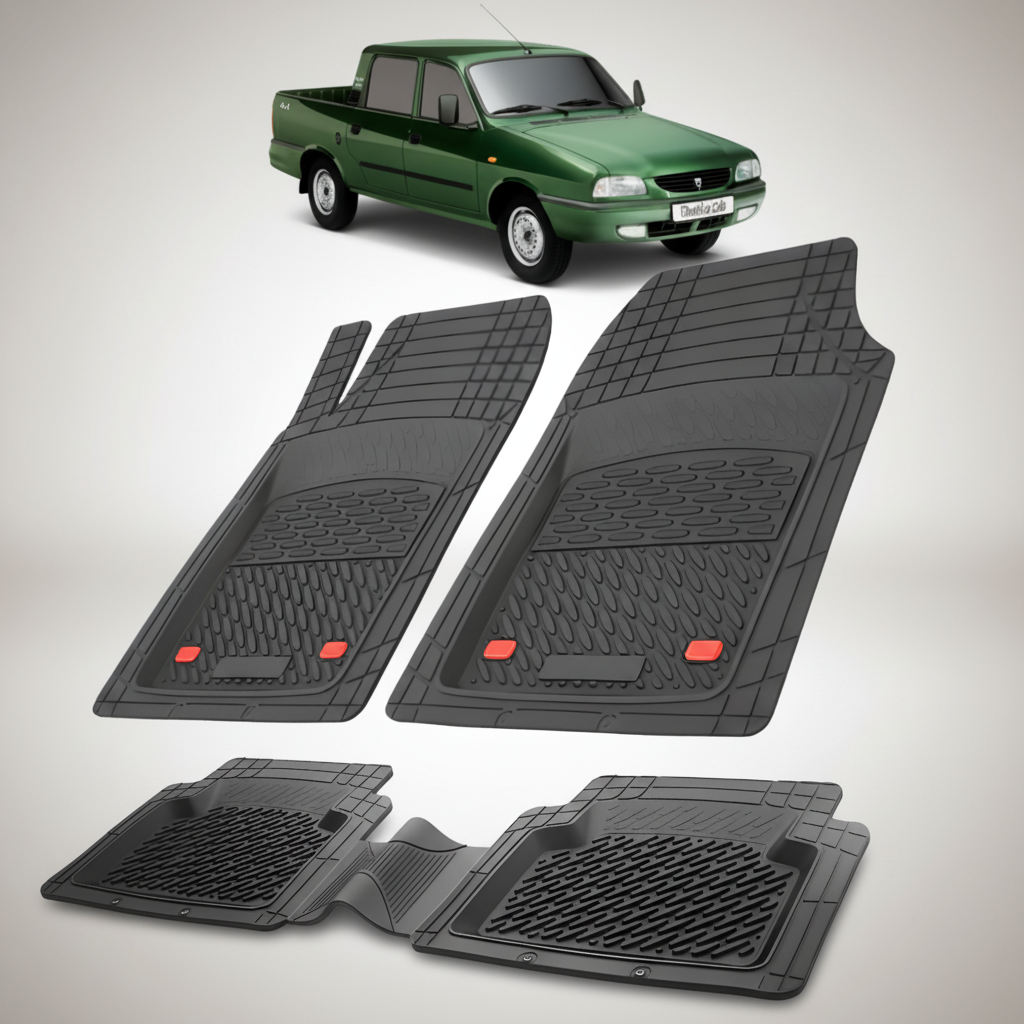 Set of black car floor mats with a green pickup truck in the background