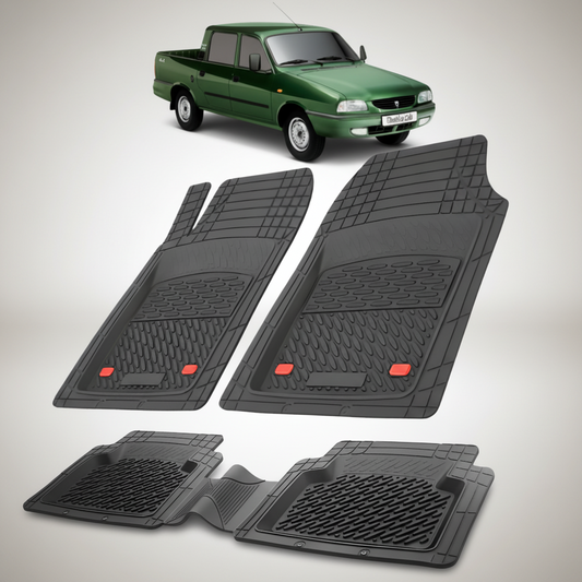 Set of black car floor mats with a green pickup truck in the background