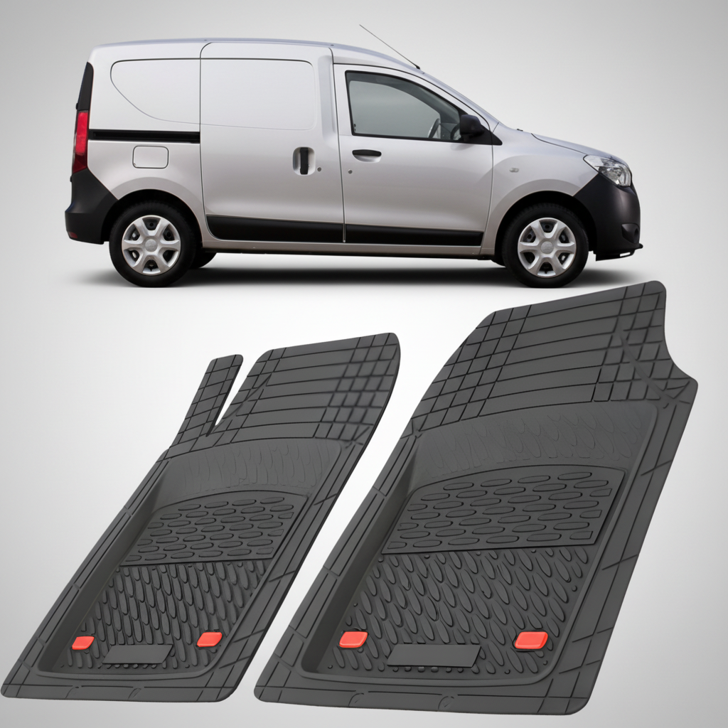 Car floor mats with a white van in the background
