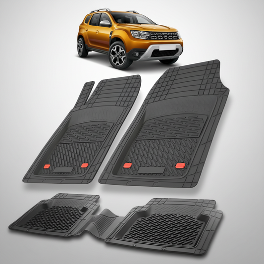 Set of black car floor mats with a small inset image of a yellow SUV.