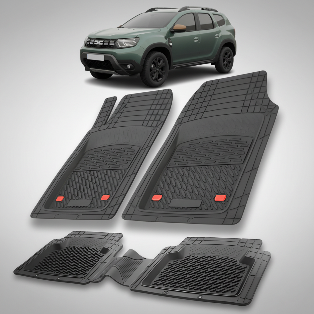 Set of black car floor mats with a green SUV in the background