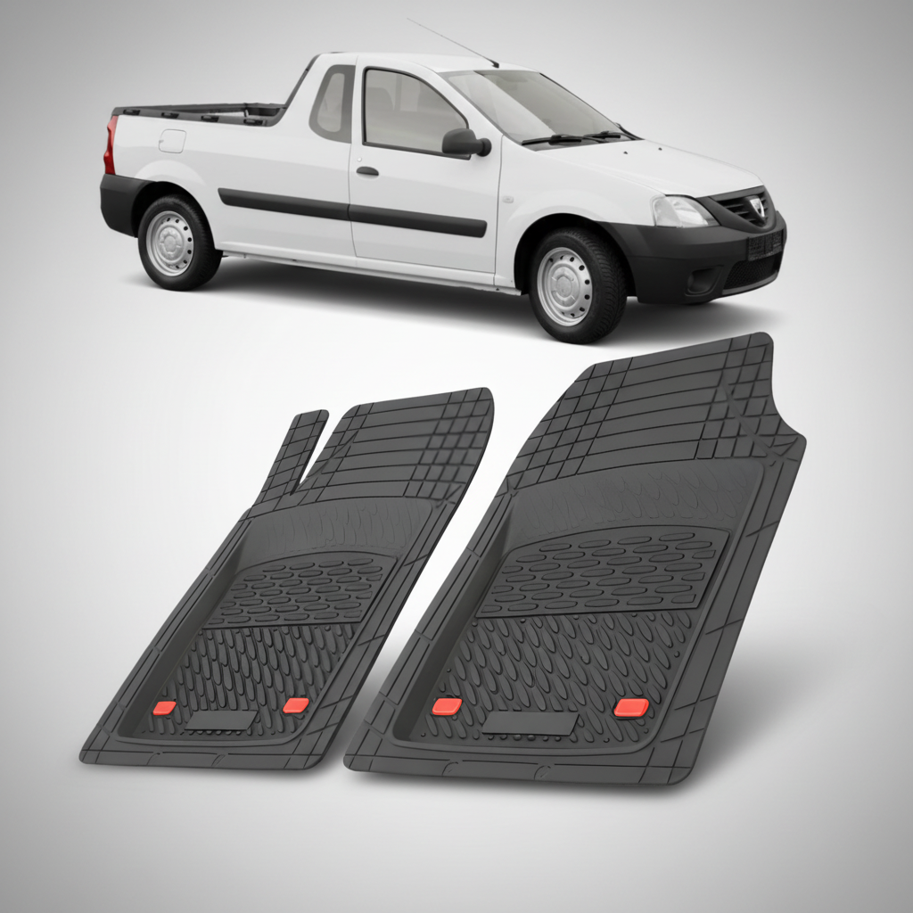 Two black car floor mats with red accents on a white background, with a white pickup truck in the top corner.