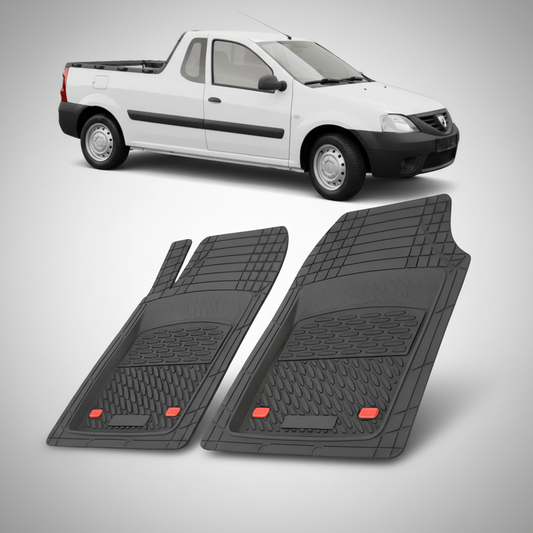 Two black car floor mats with red accents on a white background, with a white pickup truck in the top corner.