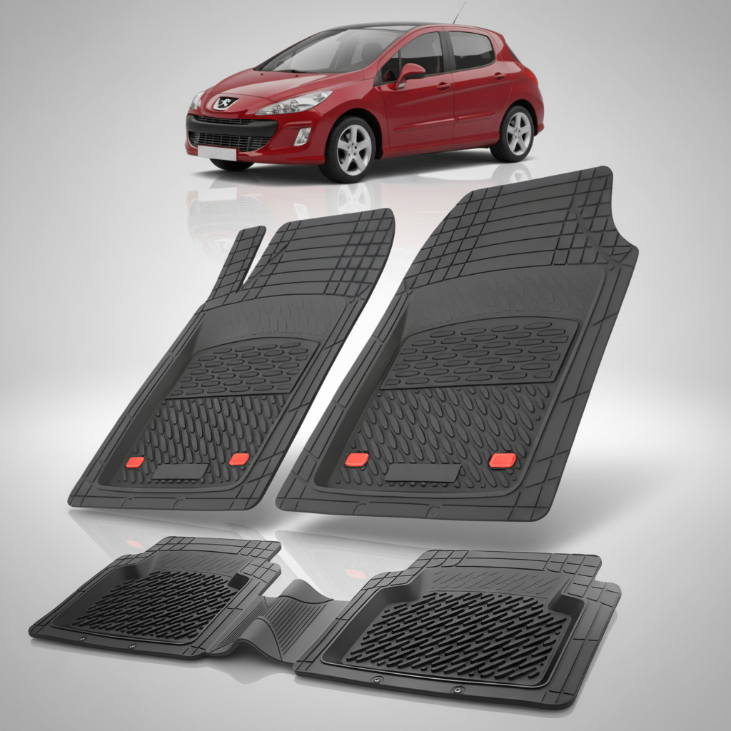 Set of black car floor mats with a red car in the corner on a white background