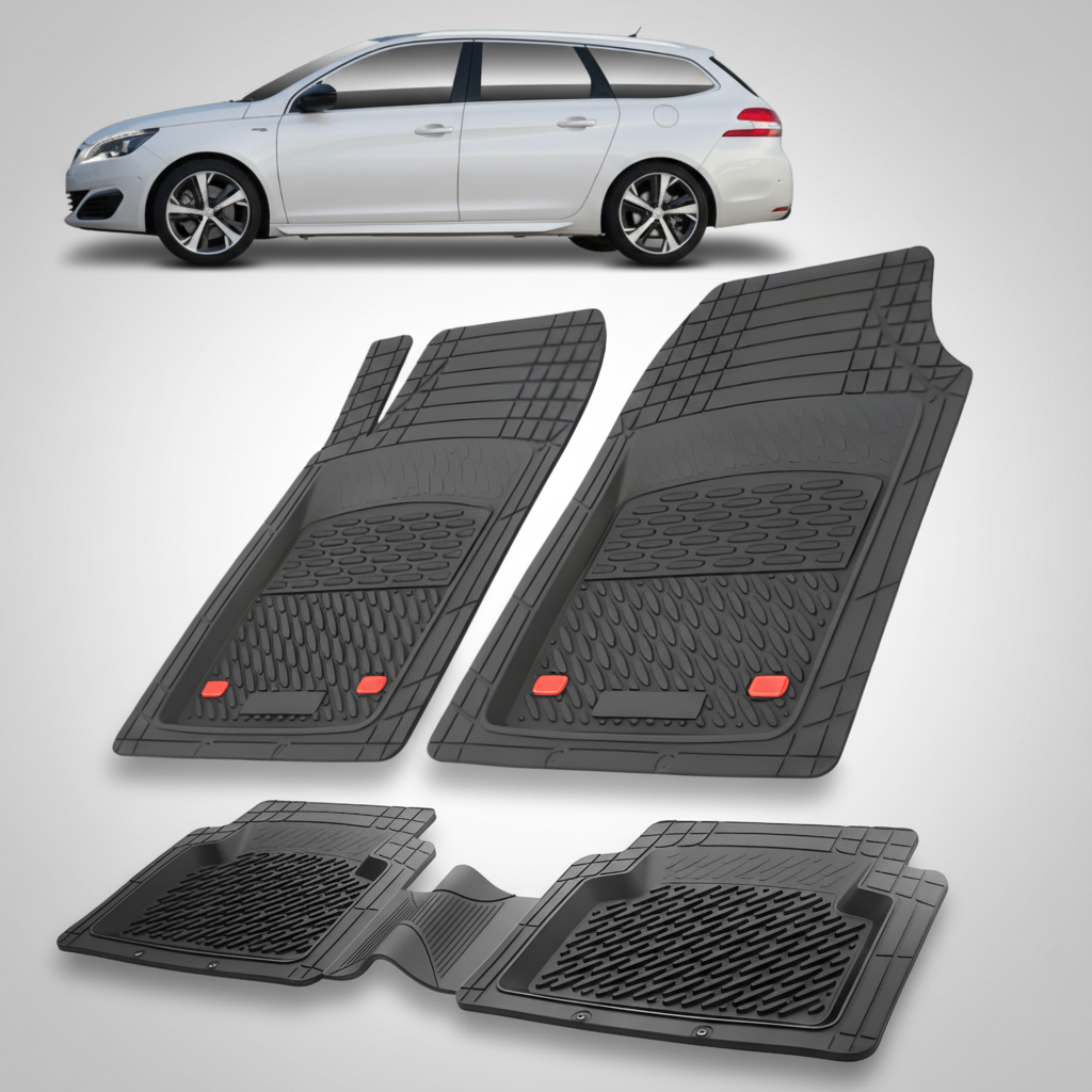 Set of black car floor mats with a white car in the background