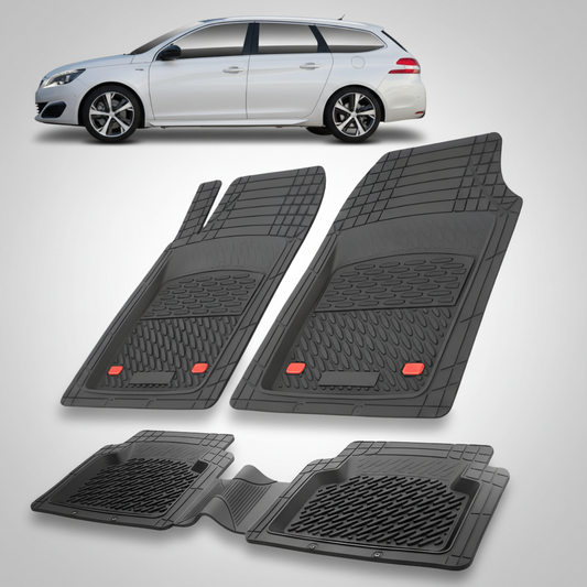 Set of black car floor mats with a white car in the background