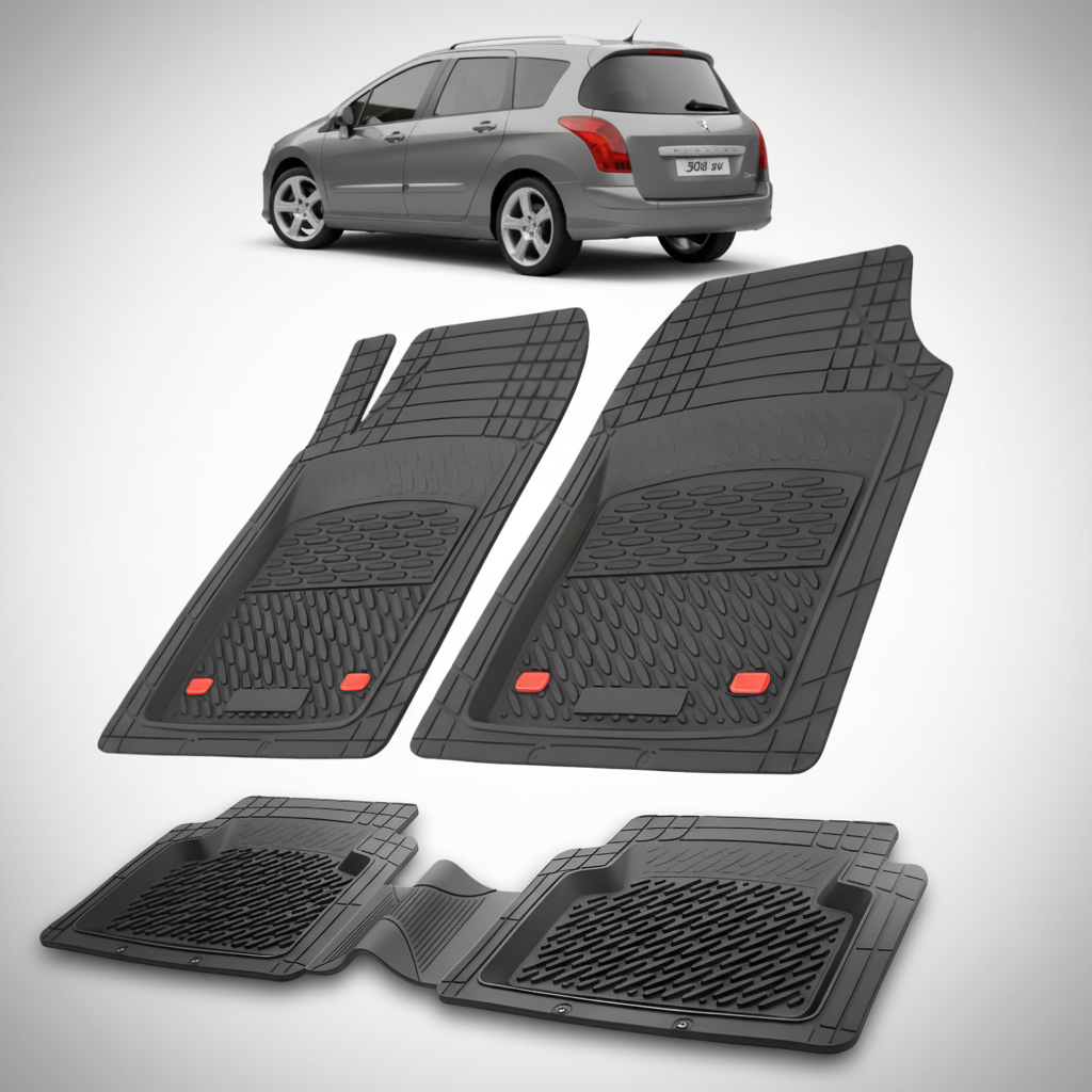 Set of black car floor mats with a gray car in the background