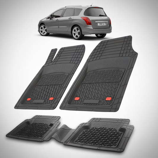 Set of black car floor mats with a gray car in the background