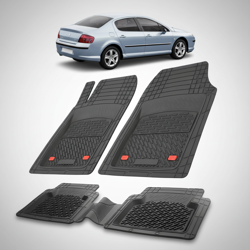 Set of black car floor mats with a car in the background