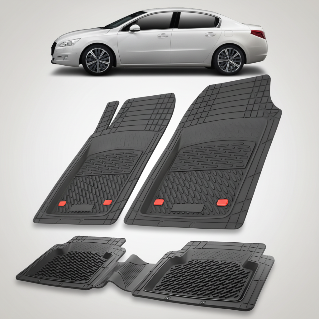 Set of black car floor mats with red accents on a white background, featuring a white car.