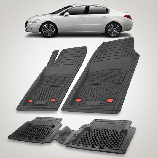 Set of black car floor mats with red accents on a white background, featuring a white car.