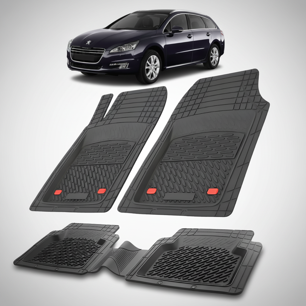 Set of black car floor mats with a car in the background