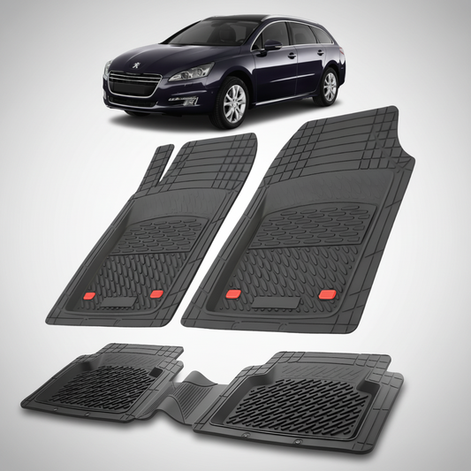 Set of black car floor mats with a car in the background