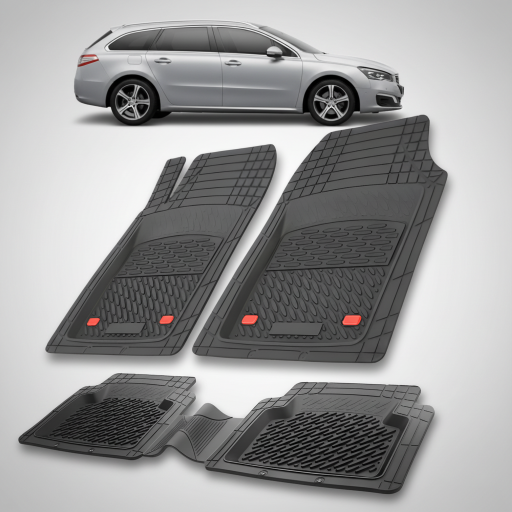 Set of black car floor mats with a car in the background
