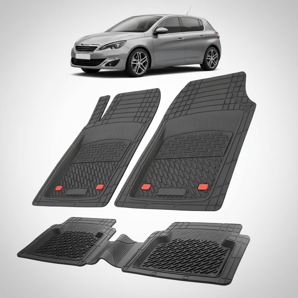 Set of black car floor mats with a car in the background