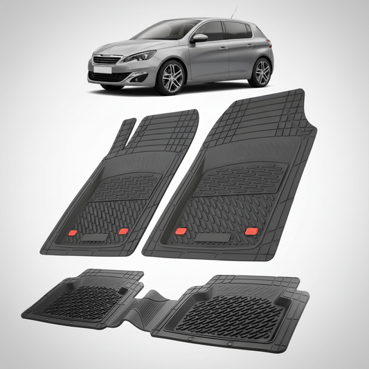 Set of black car floor mats with a car in the background