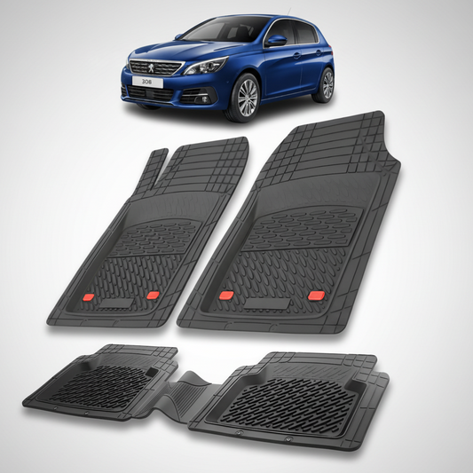 Set of black car floor mats with a blue car in the background