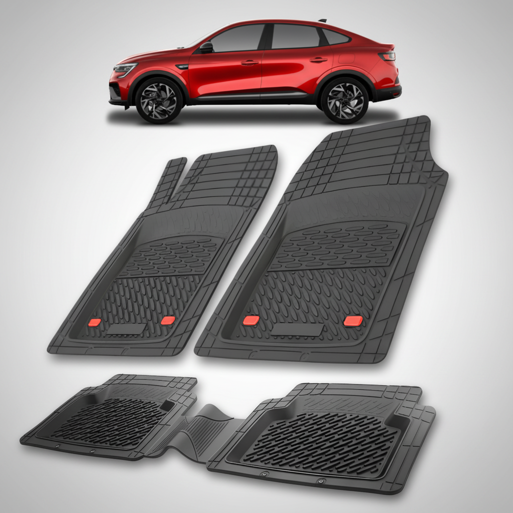 Set of black car floor mats with a red SUV in the corner.