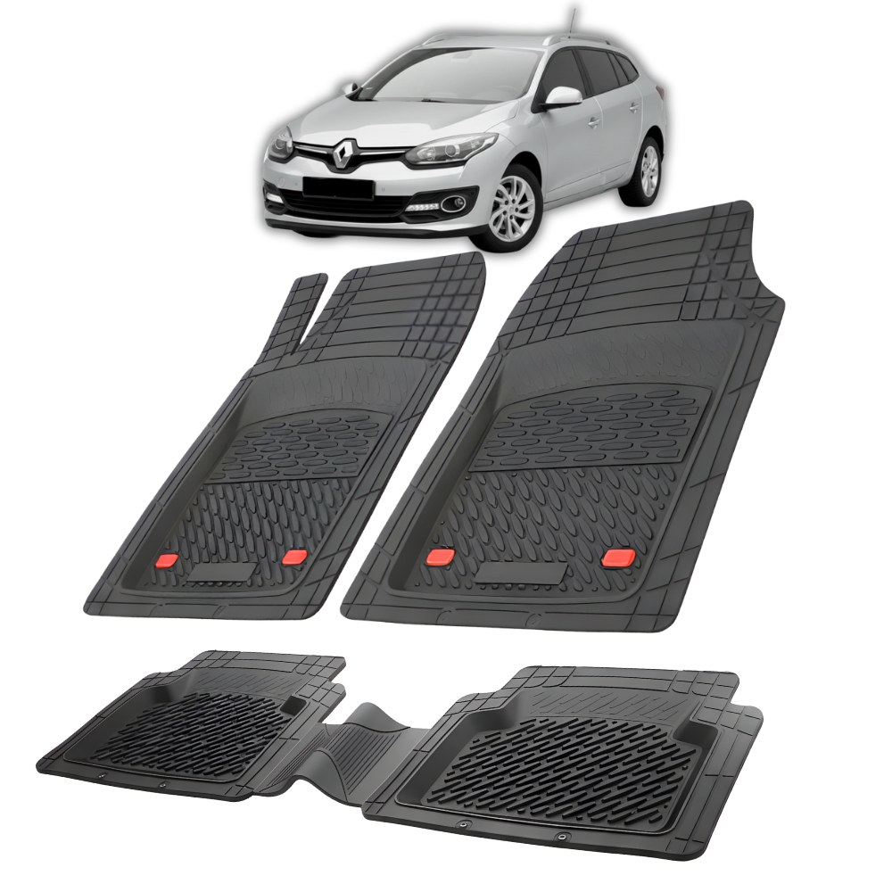 Set of black car floor mats with a white car in the background