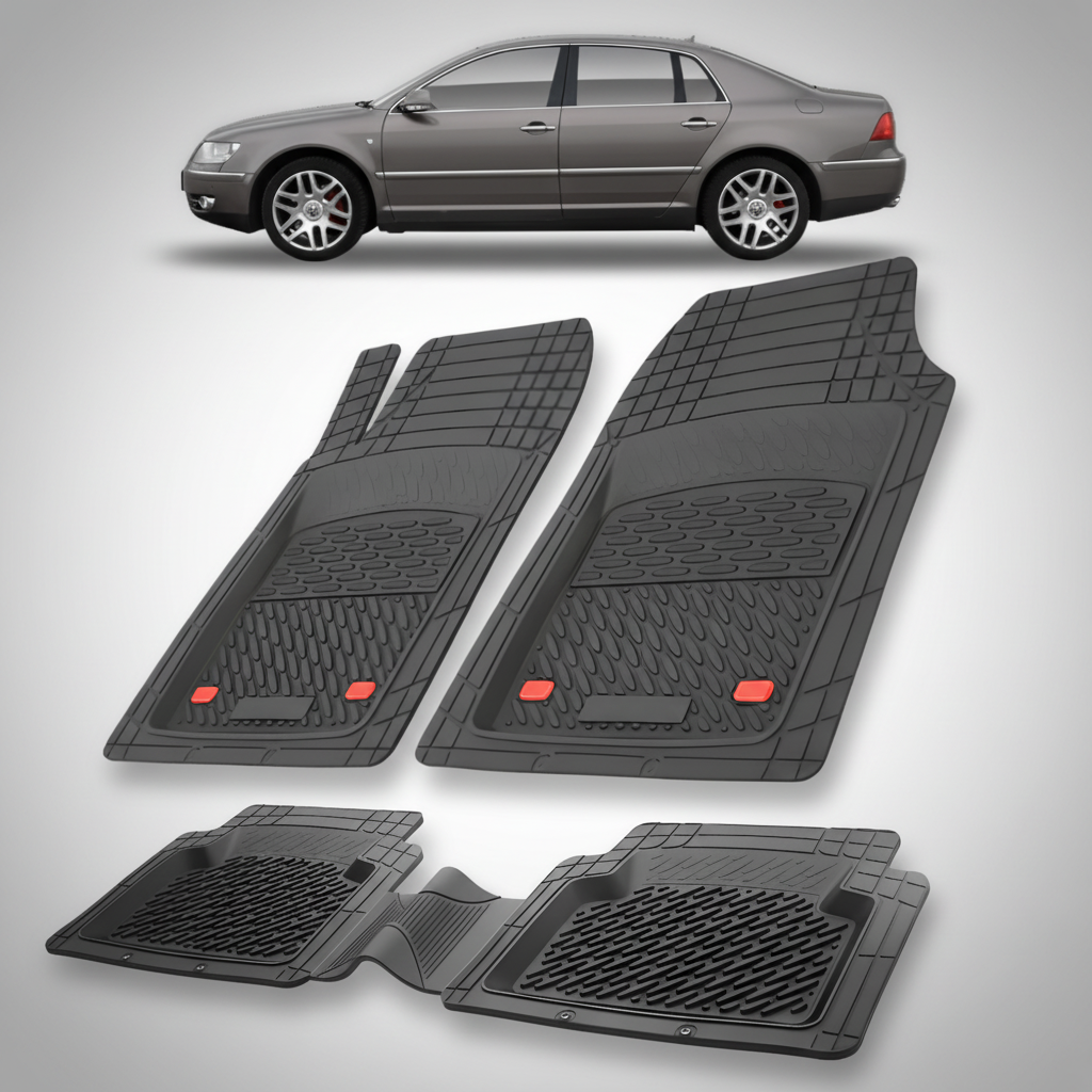 Set of black car floor mats with a car in the background