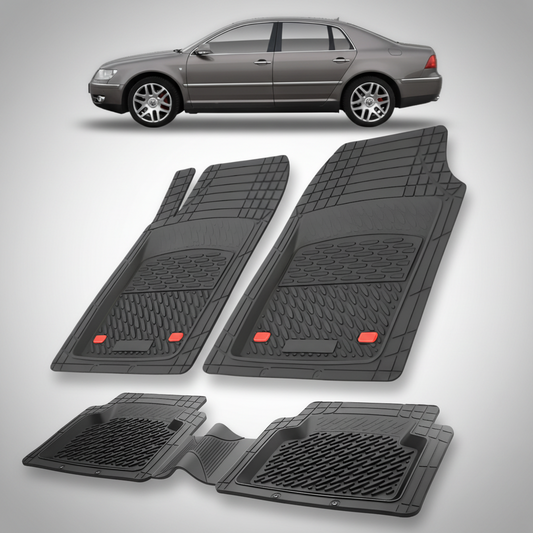 Set of black car floor mats with a car in the background