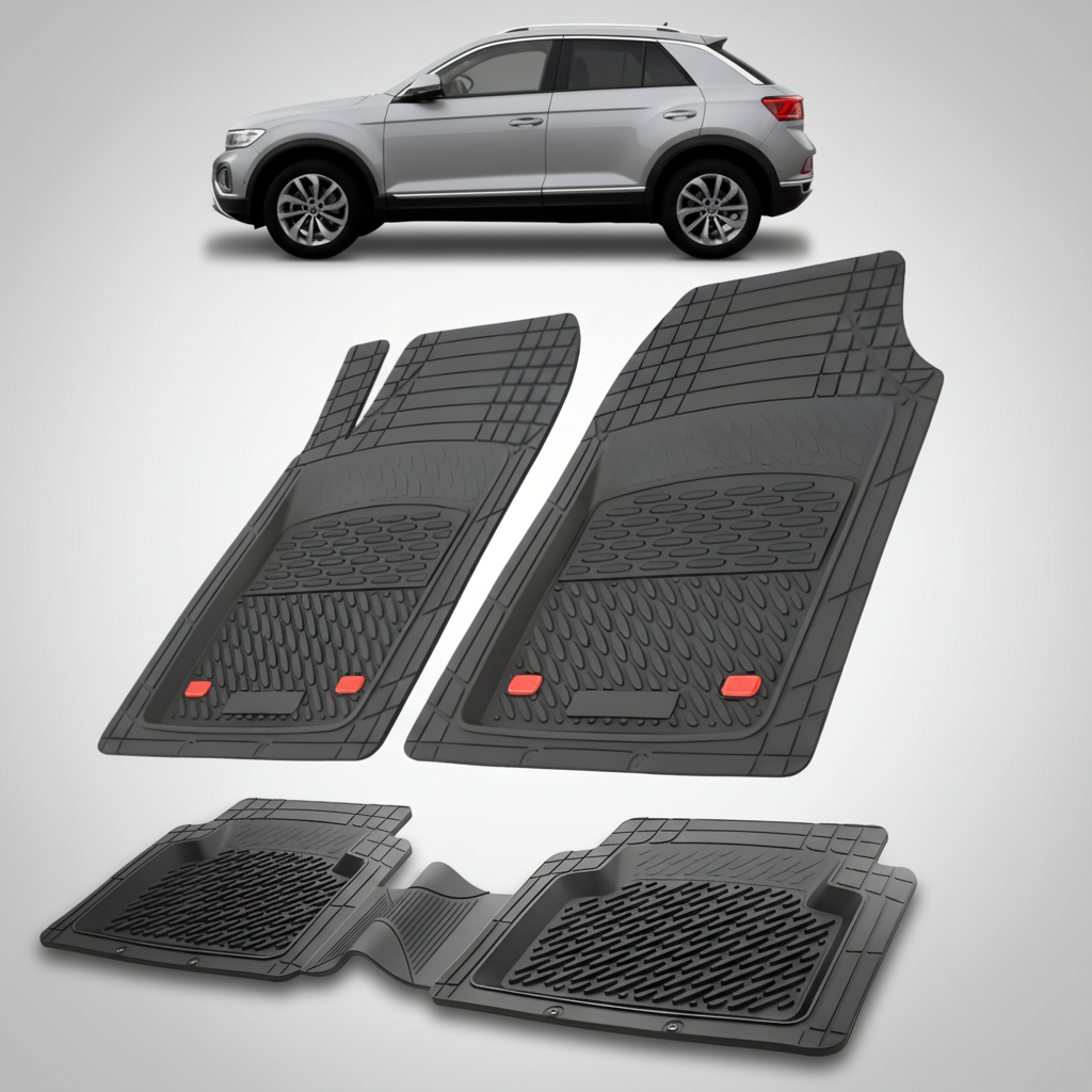 Set of black car floor mats with a silver SUV in the background