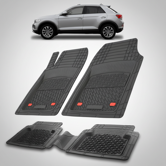 Set of black car floor mats with a silver SUV in the background