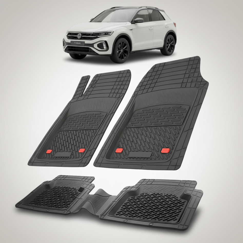 Set of black car floor mats with a white SUV in the background
