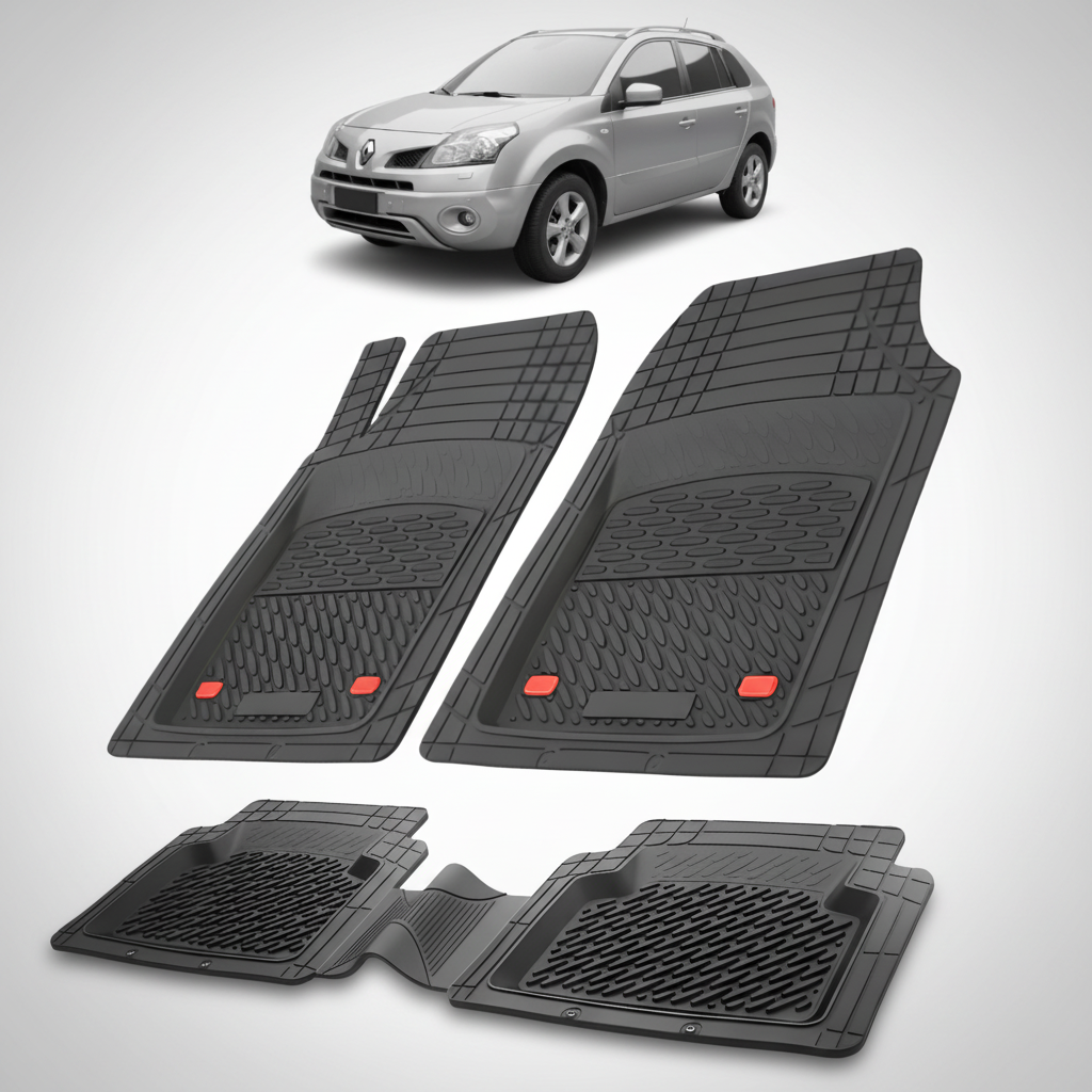Set of black car floor mats with a small inset of a silver SUV.