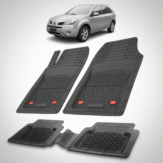 Set of black car floor mats with a small inset of a silver SUV.