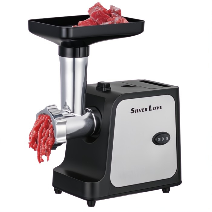 Meat grinder with ground meat output on a white background, branded 'Silver Love'.