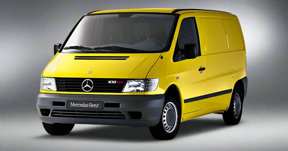 Yellow Mercedes-Benz van on a white background