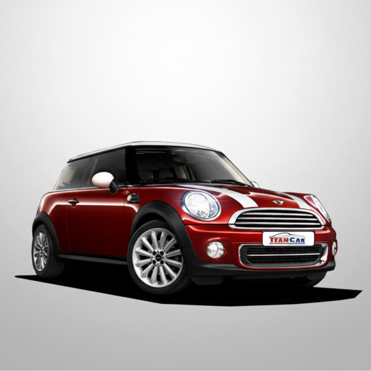 Red Mini Cooper car on a white background