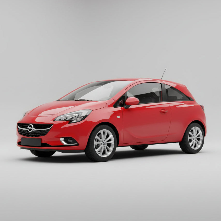 Red Opel Corsa E 3 doors (2014–2019) car on a road with a cityscape in the background