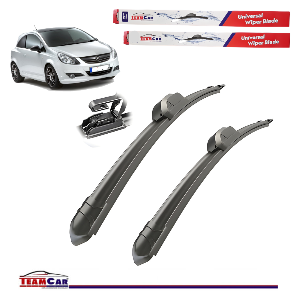 Car wiper blades with an Opel Corsa D (2006–2014) and TeamCar packaging on a white background