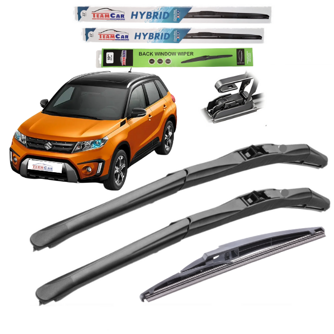 Set of car wipers with a Suzuki Vitara IV and packaging on a white background