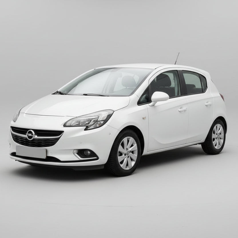 White Opel Corsa E 5 doors (2014–2019) car on a gray background