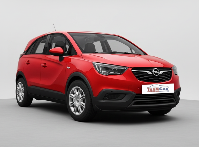 Red Opel Crossland X (2017–2024) car on a white background with 'TeamCar' logo.