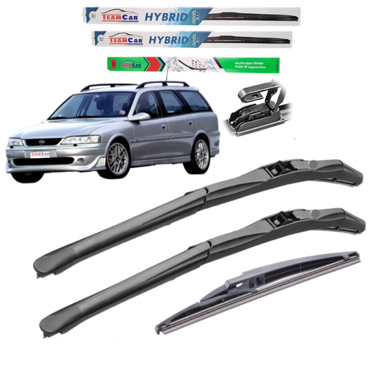Set of car wipers with an Opel Vectra B Caravan (1996–2002) in the background on a white background
