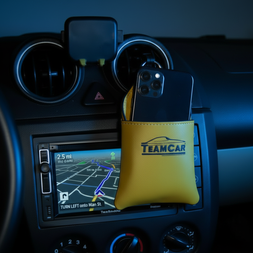  Organizator Auto Multifuncțional din Piele galben TeamCar – Buzunar Depozitare Grilă Ventilație - cauciuc antiderapant, usor de curatat