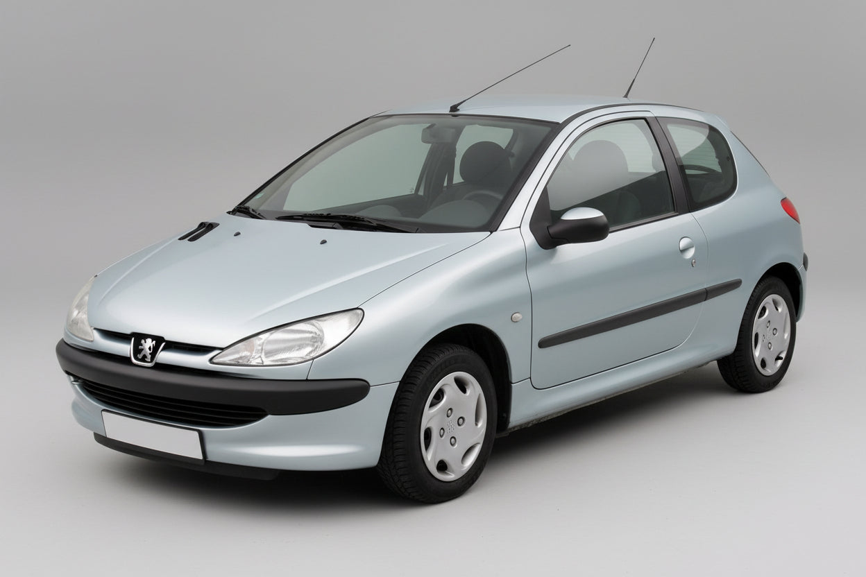 Silver Peugeot 206 (1998–2012) Hatchback (3 uși) on a gray background