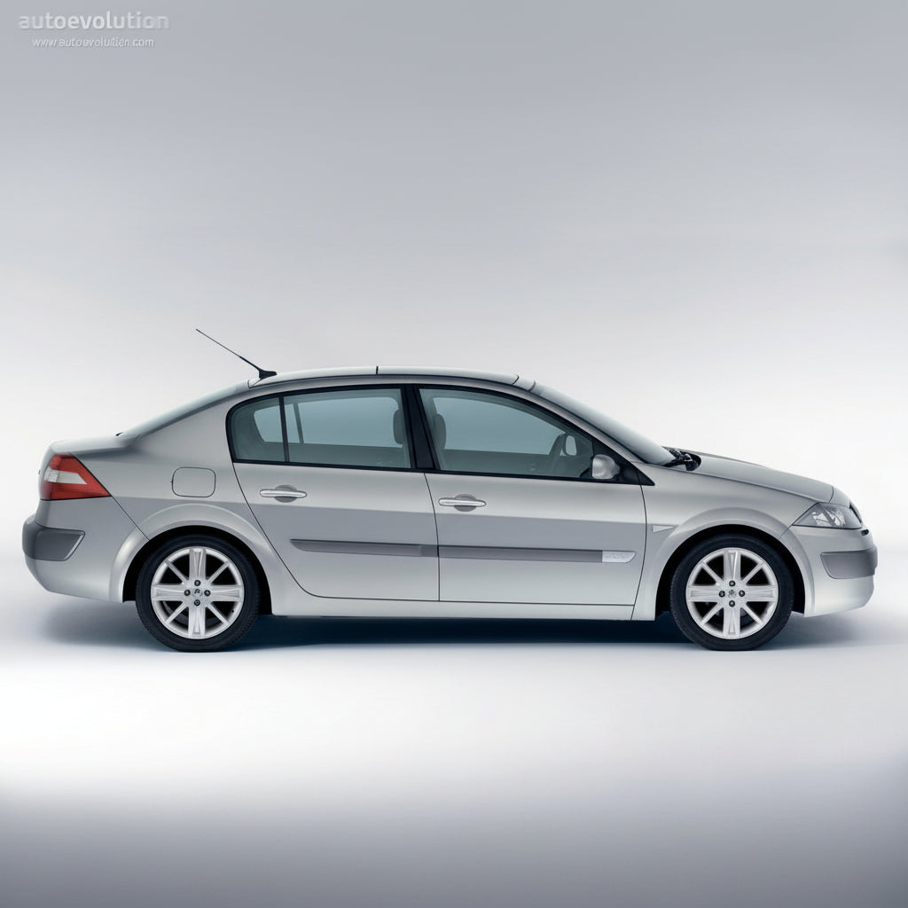 Side view of a silver Renault Megane II Sedan (2002–2005) on a light gray background