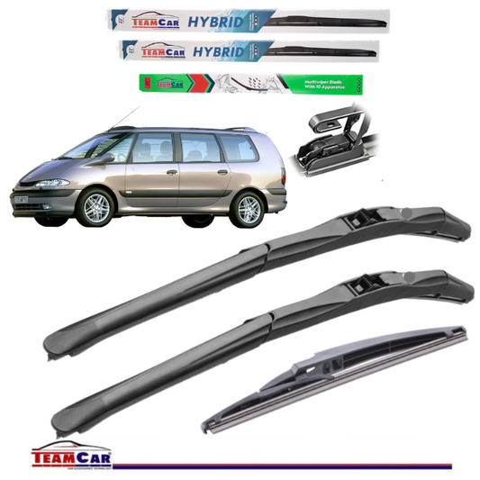 Set of car wiper blades with a RENAULT ESPACE III in the background and Team Car branding.
