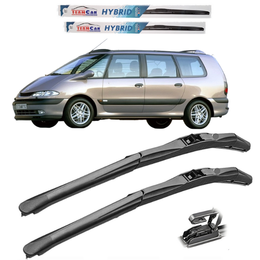 Renault Espace III (1996–2002) with wiper blades displayed above and below, featuring 'Team Car Hybrid' branding.