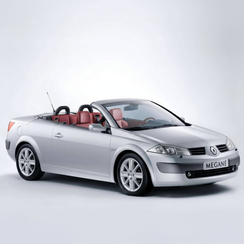 Silver Renault Megane convertible on a white background