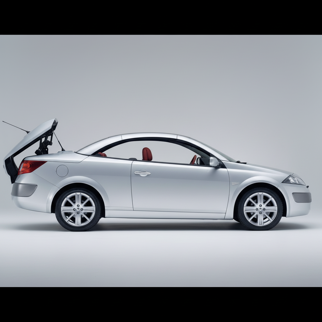 Silver convertible Renault Megane II CC (2006–2009) with open roof on a white background