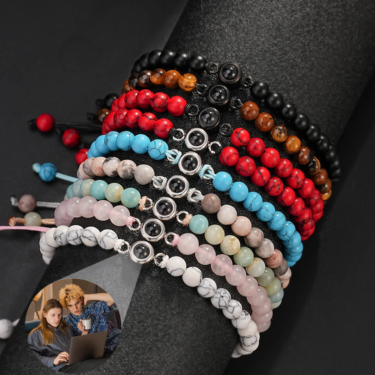 Brățară Personalizată cu Proiecție Foto din Piatră Naturală de 6mm - Cadou Unic pentru Bărbați și Femei